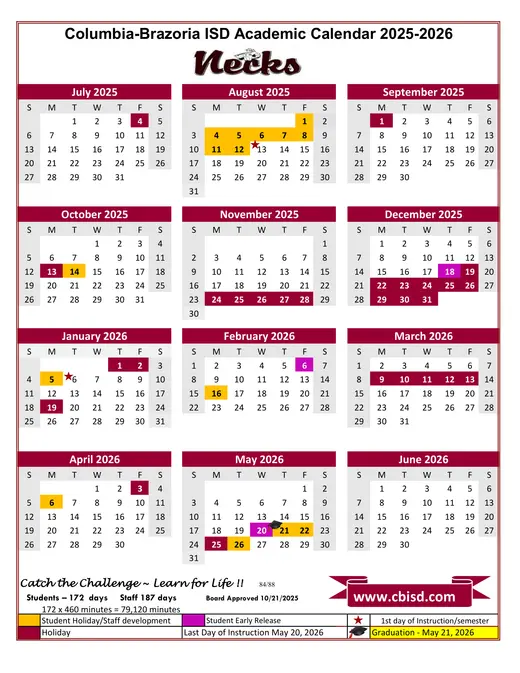 Columbia-Brazoria ISD 2025–2026 Academic Calendar
