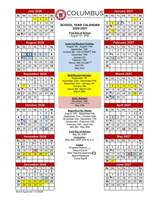 Columbus Independent School District 2026–2027 Academic Calendar