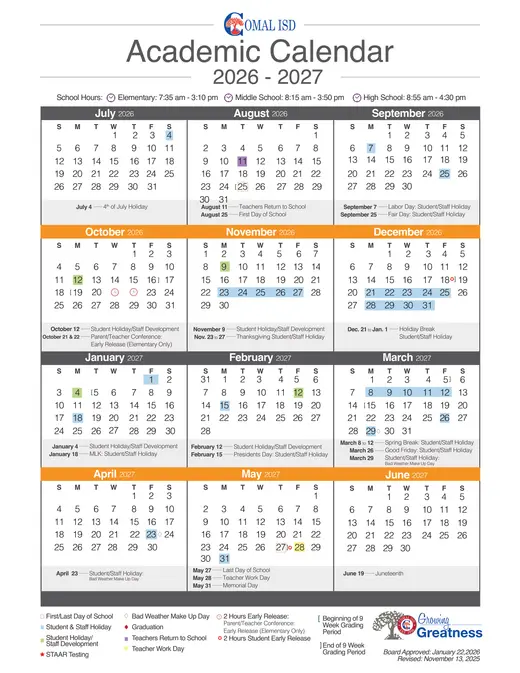 Comal ISD 2026–2027 Academic Calendar