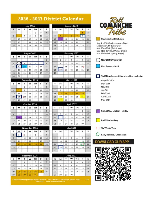 Comanche Independent School District 2026–2027 Academic Calendar