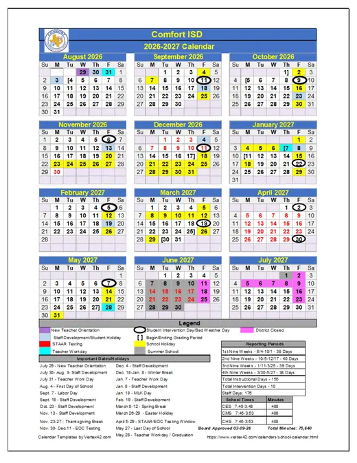 Comfort ISD 2026–2027 Academic Calendar Page 1