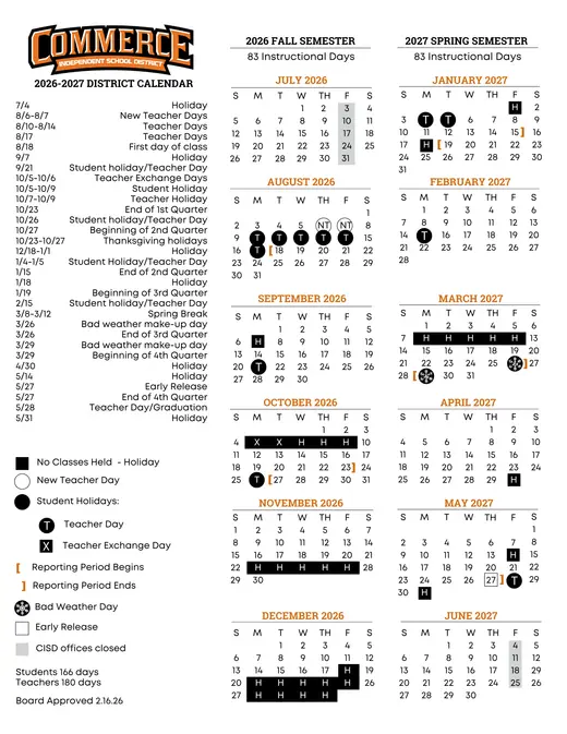 Commerce Independent School District 2026–2027 Academic Calendar Page 1