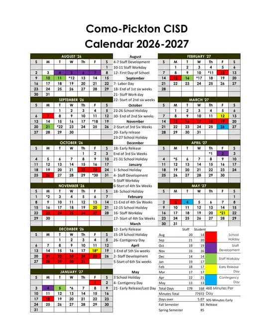 Como-Pickton CISD 2026–2027 Academic Calendar Page 1