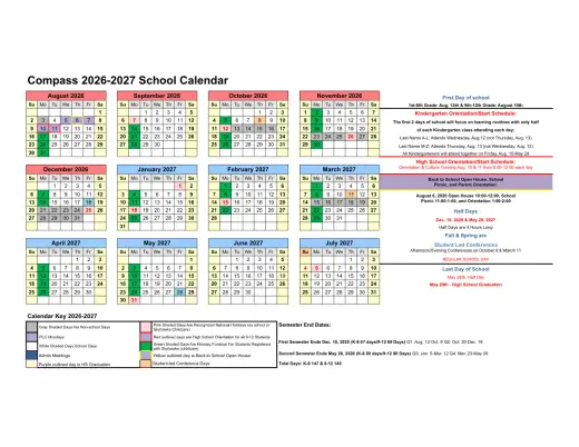 Compass Academy Charter School 2026–2027 Academic Calendar Page 1