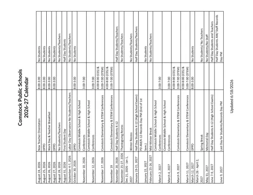 Comstock ISD 2026–2027 Academic Calendar Page 1