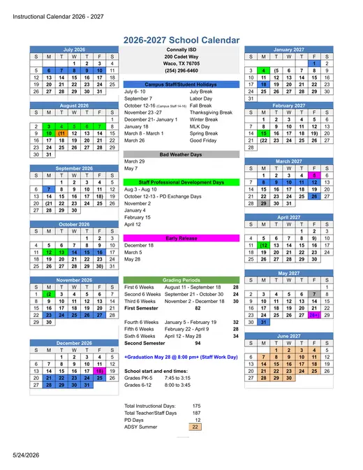 Connally ISD 2026–2027 Academic Calendar Page 1