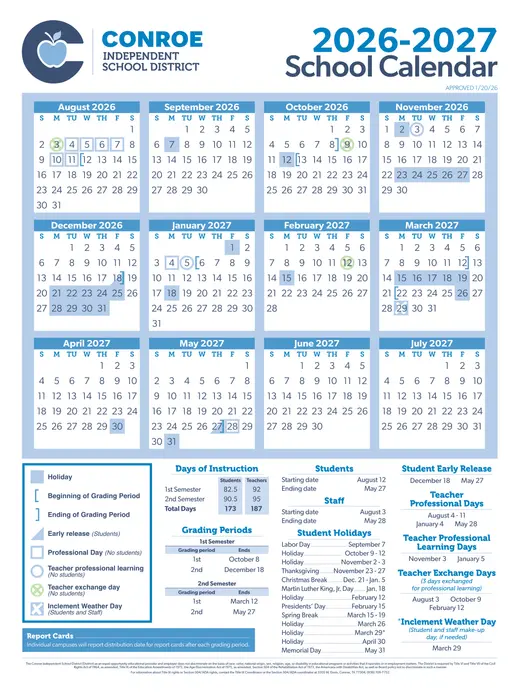 Conroe Independent School District 2026–2027 Academic Calendar