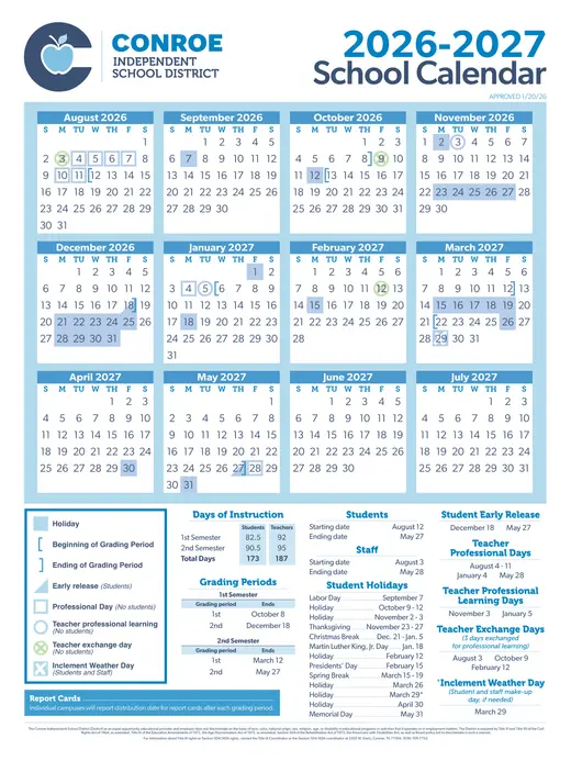 Conroe ISD 2026–2027 Academic Calendar