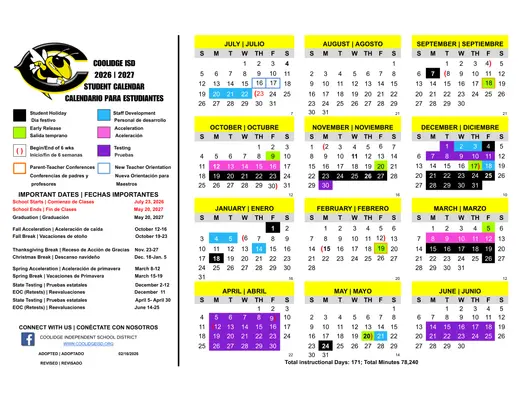 Coolidge ISD 2026–2027 Academic Calendar Page 1