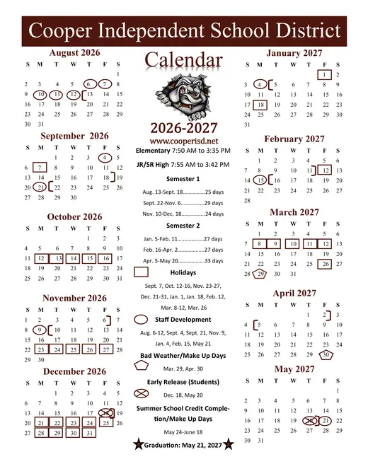 Cooper ISD 2026–2027 Academic Calendar Page 1