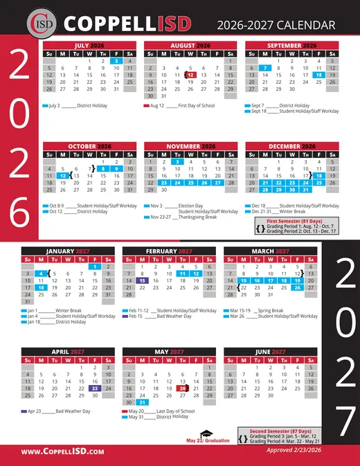 Coppell Independent School District 2026–2027 Academic Calendar