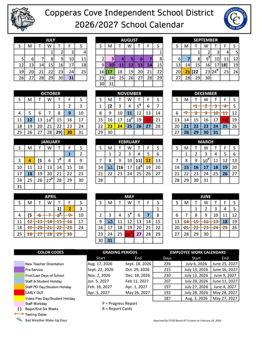Copperas Cove Independent School District 2026–2027 Academic Calendar