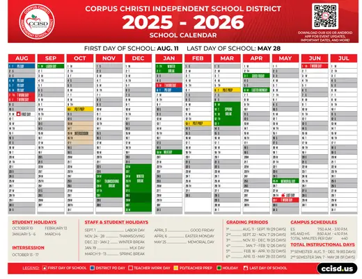 Corpus Christi Independent School District 2025–2026 Academic Calendar Page 1