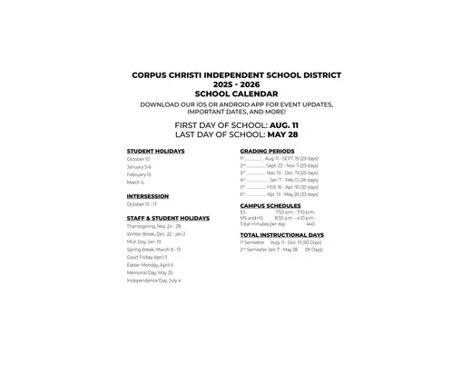 Corpus Christi Independent School District 2025–2026 Academic Calendar Page 2