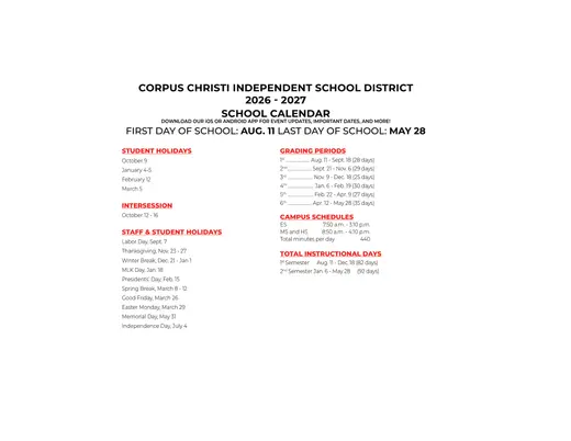 Corpus Christi Independent School District 2025–2026 Academic Calendar Page 6