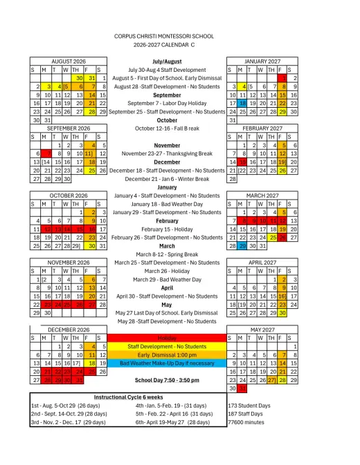 Corpus Christi Montessori School 2026–2027 Academic Calendar Page 1