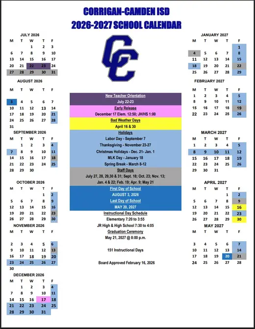 Corrigan-Camden ISD 2026–2027 Academic Calendar Page 1