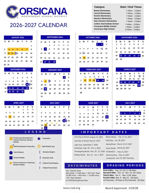 Corsicana Independent School District 2026–2027 Academic Calendar