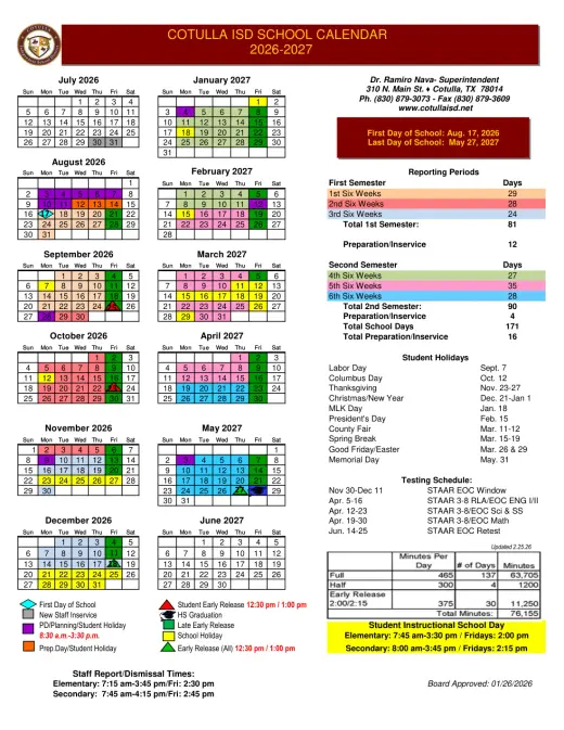 Cotulla ISD 2026–2027 Academic Calendar Page 1
