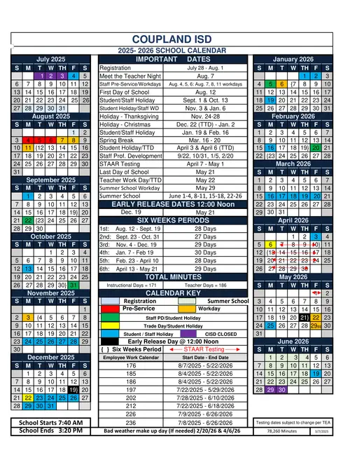 Coupland ISD 2025–2026 Academic Calendar