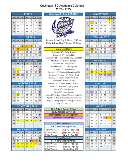 Covington ISD 2026–2027 Academic Calendar Page 1