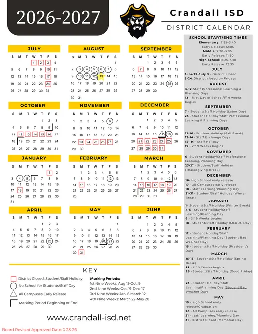 Crandall ISD 2026–2027 Academic Calendar