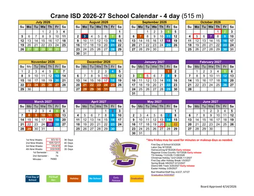 Crane ISD 2026–2027 Academic Calendar