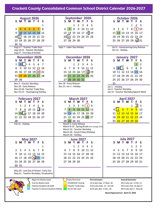 Crockett County CCSD 2026–2027 Academic Calendar Page 1