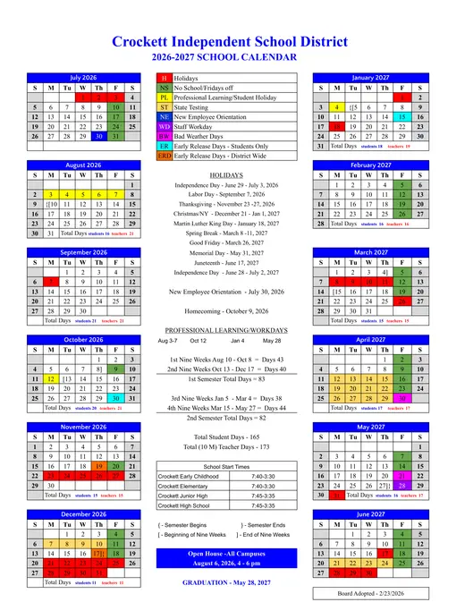 Crockett Independent School District 2026–2027 Academic Calendar