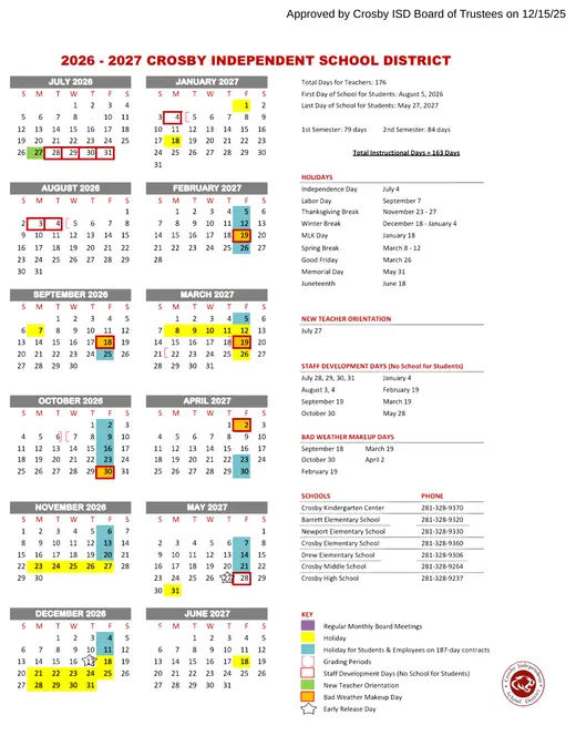 Crosby Independent School District 2026–2027 Academic Calendar
