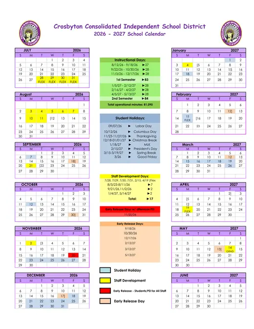 Crosbyton CISD 2026–2027 Academic Calendar Page 1