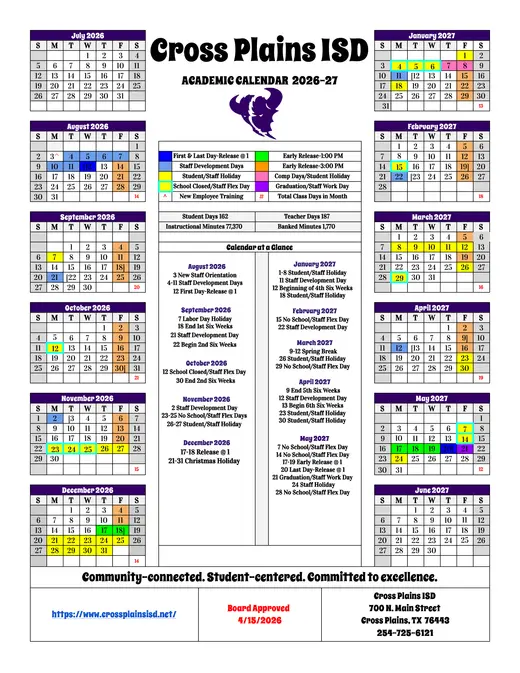Cross Plains ISD 2026–2027 Academic Calendar Page 1