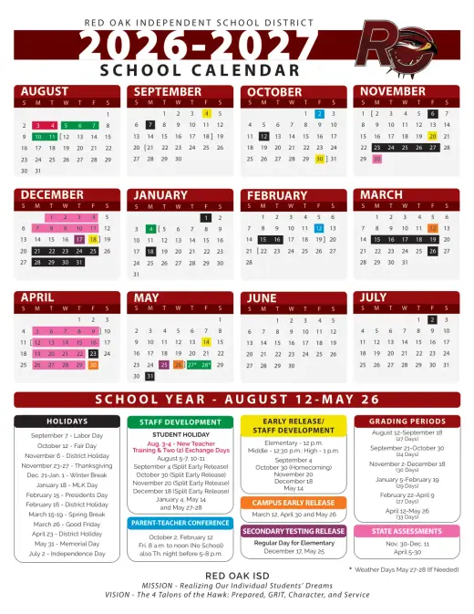 Cross Roads ISD 2026–2027 Academic Calendar Page 1