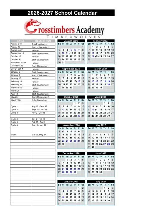 Crosstimbers Academy 2026–2027 Academic Calendar Page 2