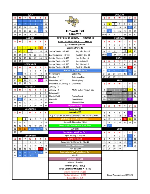 Crowell ISD 2026–2027 Academic Calendar Page 1