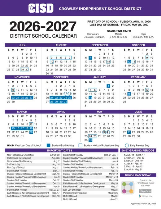 Crowley ISD 2026–2027 Academic Calendar