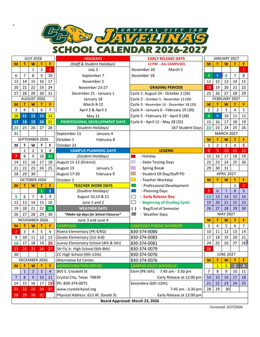 Crystal City ISD 2026–2027 Academic Calendar