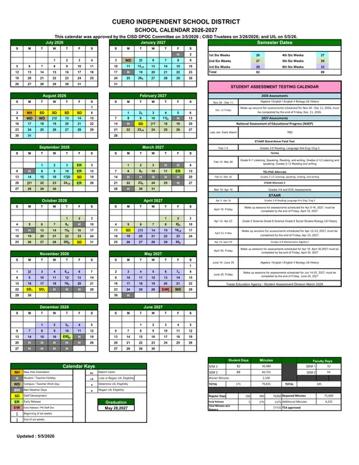 Cuero Independent School District 2026–2027 Academic Calendar
