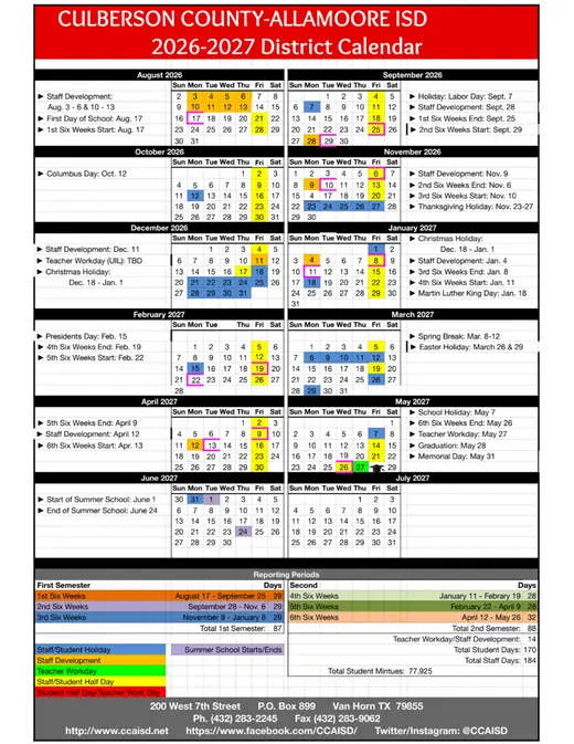 Culberson County-Allamoore ISD 2026–2027 Academic Calendar Page 1