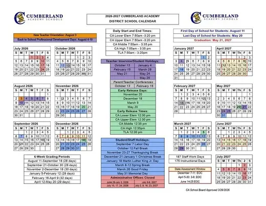 Cumberland Academy District 2026–2027 Academic Calendar Page 2
