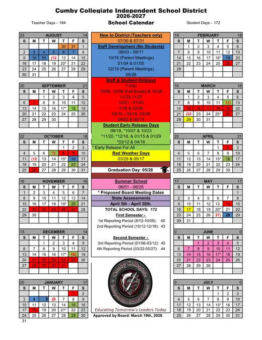 Cumby Collegiate ISD 2026–2027 Academic Calendar Page 1