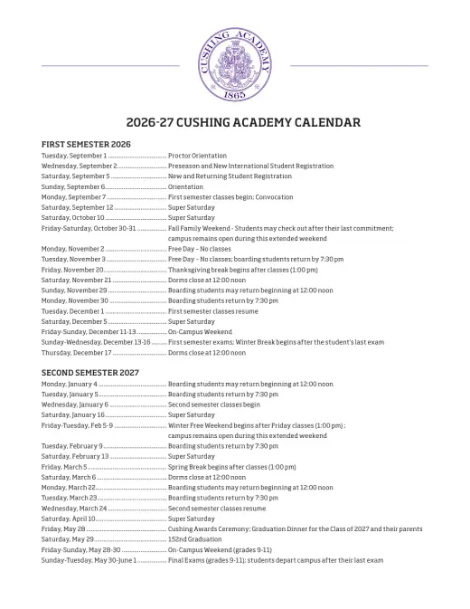 Cushing ISD 2026–2027 Academic Calendar Page 1