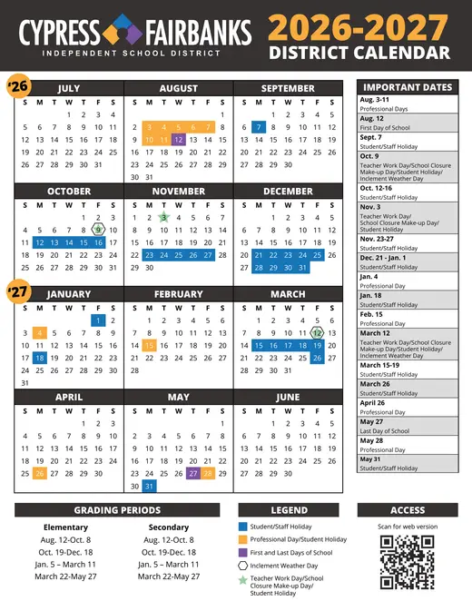 Cypress-Fairbanks Independent School District 2026–2027 Academic Calendar