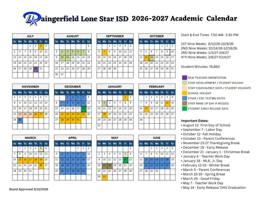 Daingerfield Lone Star ISD 2026–2027 Academic Calendar Page 1