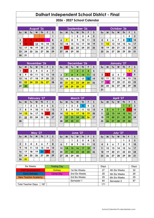 Dalhart Independent School District 2026–2027 Academic Calendar