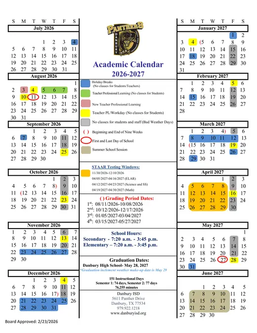 Danbury ISD 2026–2027 Academic Calendar Page 1