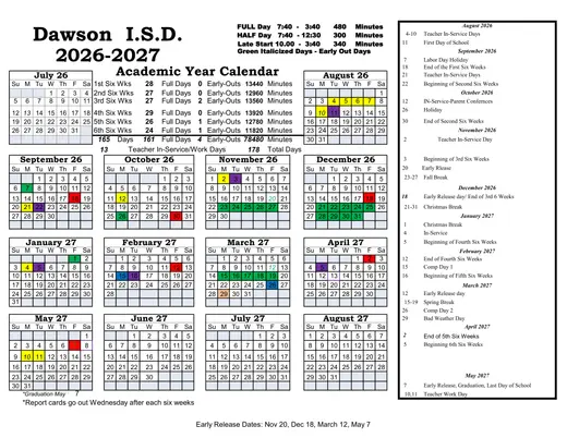 Dawson I.s.d 2026–2027 Academic Calendar Page 1