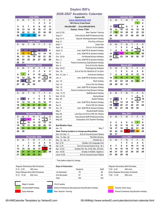Dayton ISD 2026–2027 Academic Calendar