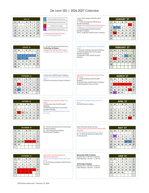 De Leon ISD 2026–2027 Academic Calendar Page 1