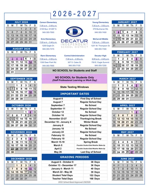 Decatur Independent School District 2026–2027 Academic Calendar